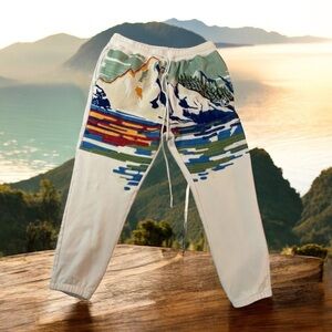 Billionaire Boys Club Sweatpants XXXL White Embroidered Mountain Scene Unisex‎